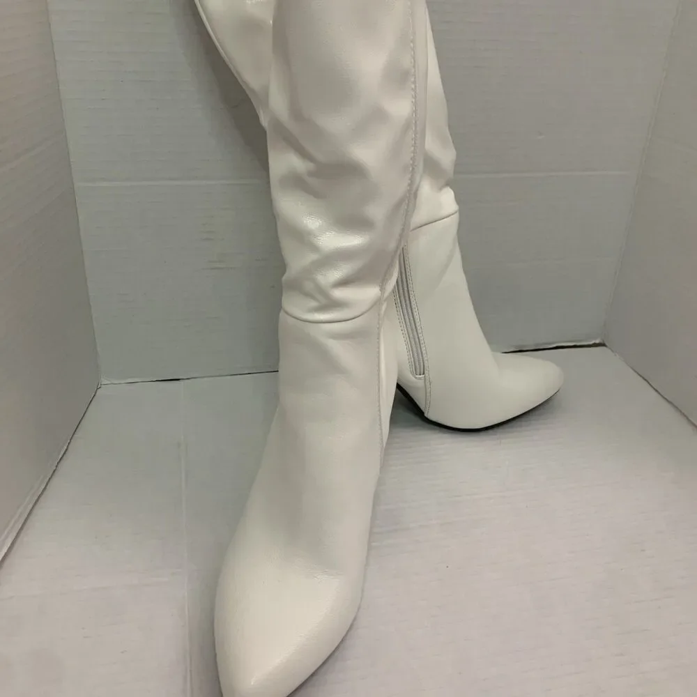 Womens Pointed Toe Zip Up Formal Chunky High Heel Knee High Boots - Picture 4 of 8